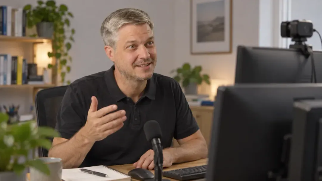 Flo Hummel beim Online-Training mit Kamera und Mikrofon am Schreibtisch.